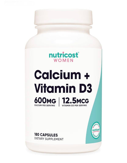 Nutricost Calcium (600mg) + Vitamin D3 (12.5mcg) for Women | Promotes Heathy Bones | 180 Capsules; Exp 02/2028