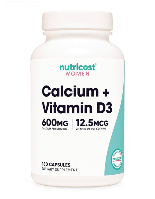 Nutricost Calcium (600mg) + Vitamin D3 (12.5mcg) for Women | Promotes Heathy Bones | 180 Capsules; Exp 08/2028