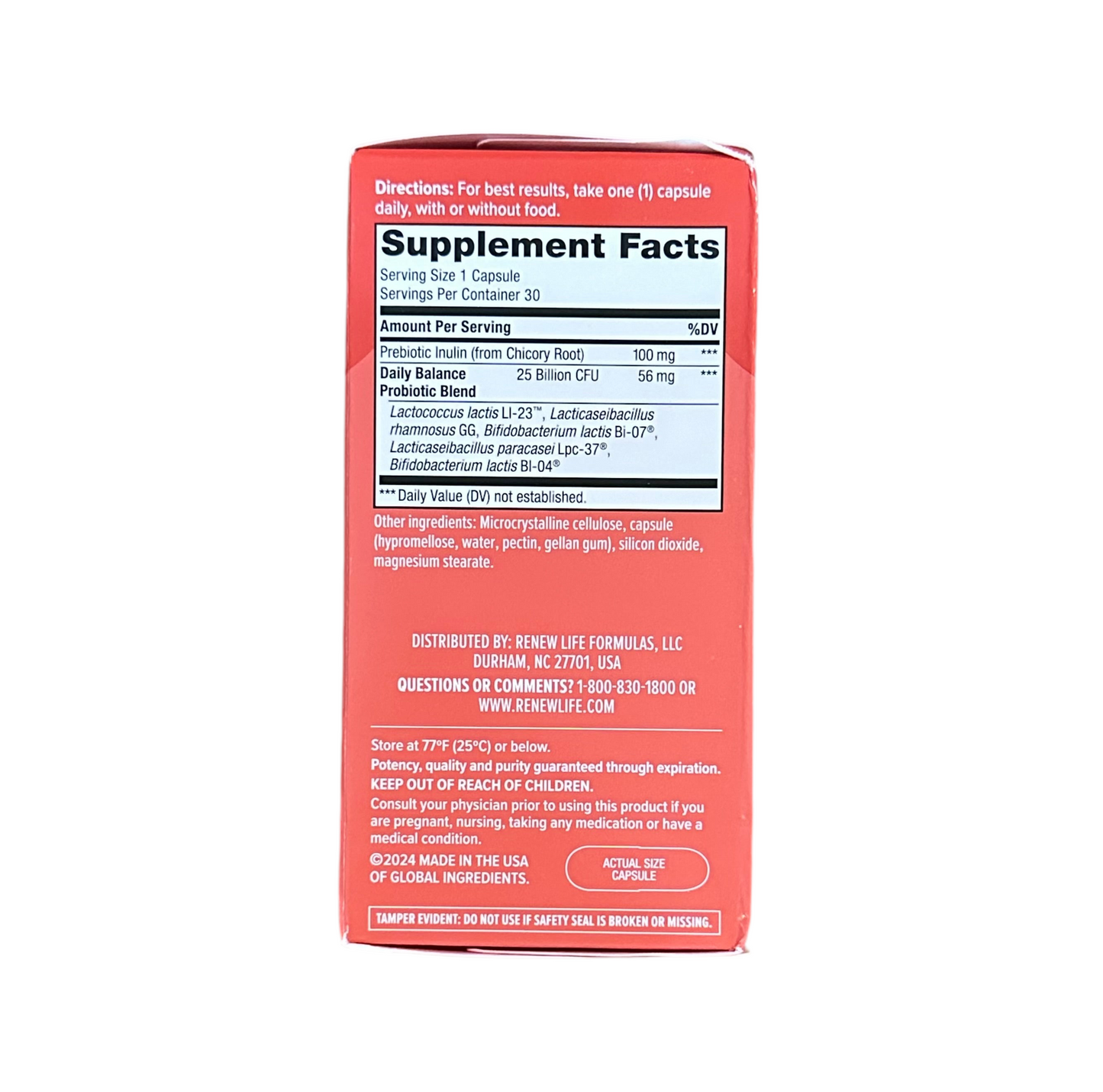 RenewLife Daily Probiotic 25 Billion CFU | with Prebiotic 5 Diverse Strains | Digestive Balance & Immune Support | 30 Capsules, Exp 07/2026