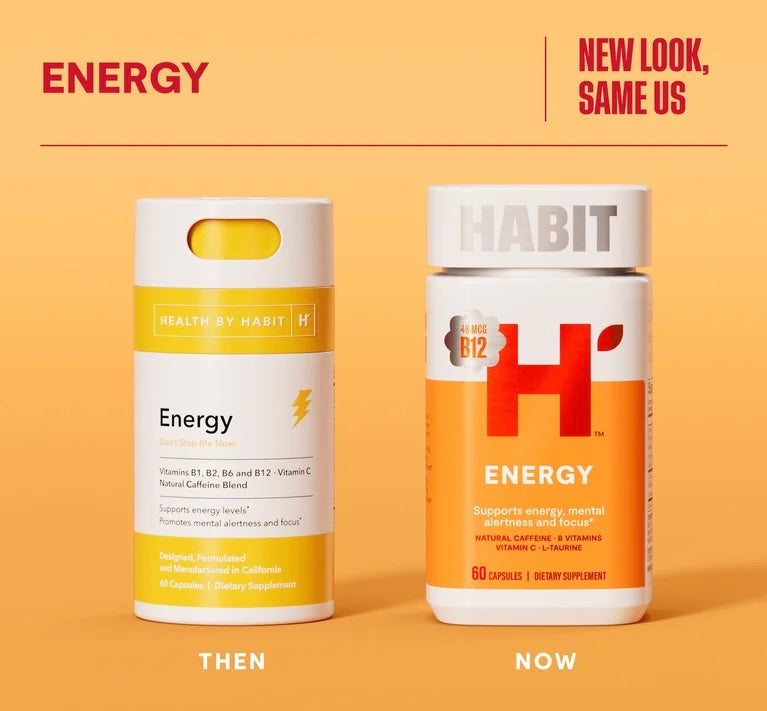 HABIT Energy Supplement | Supports Mental Alertness & Focus | with Green Tea Extract, Vitamins B1, B2, B6, B12 & C, L-Taurine 60 Capsules; Exp 01/2027