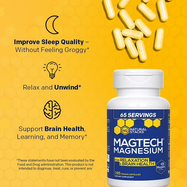 Natural Stacks MagTech Magnesium Complex | with 1000mg Magtein Magnesium L-Threonate, 690mg Magnesium Glycinate & 630mg Magnesium Taurate | For Relaxation & Brain Health | 195 Capsules;
