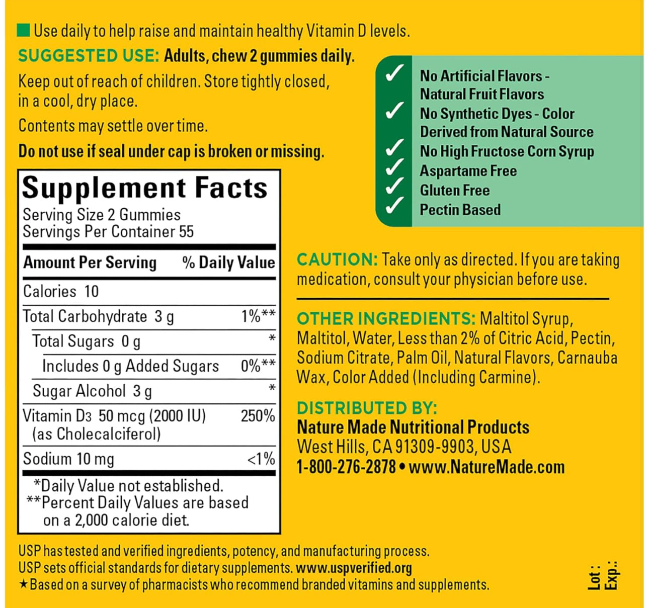 Nature Made Zero Sugar Vitamin D3 Gummies 2000 IU (50 mcg) | 55 Day Supply | For Immune, Bone, Teeth & Muscle Support | Aspartame Free | 110 Gummies; Exp 11/2025