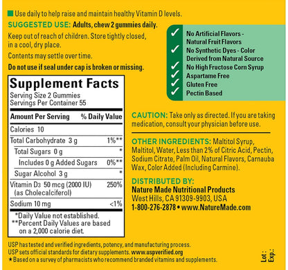 Nature Made Zero Sugar Vitamin D3 Gummies 2000 IU (50 mcg) | 55 Day Supply | For Immune, Bone, Teeth & Muscle Support | Aspartame Free | 110 Gummies; Exp 11/2025