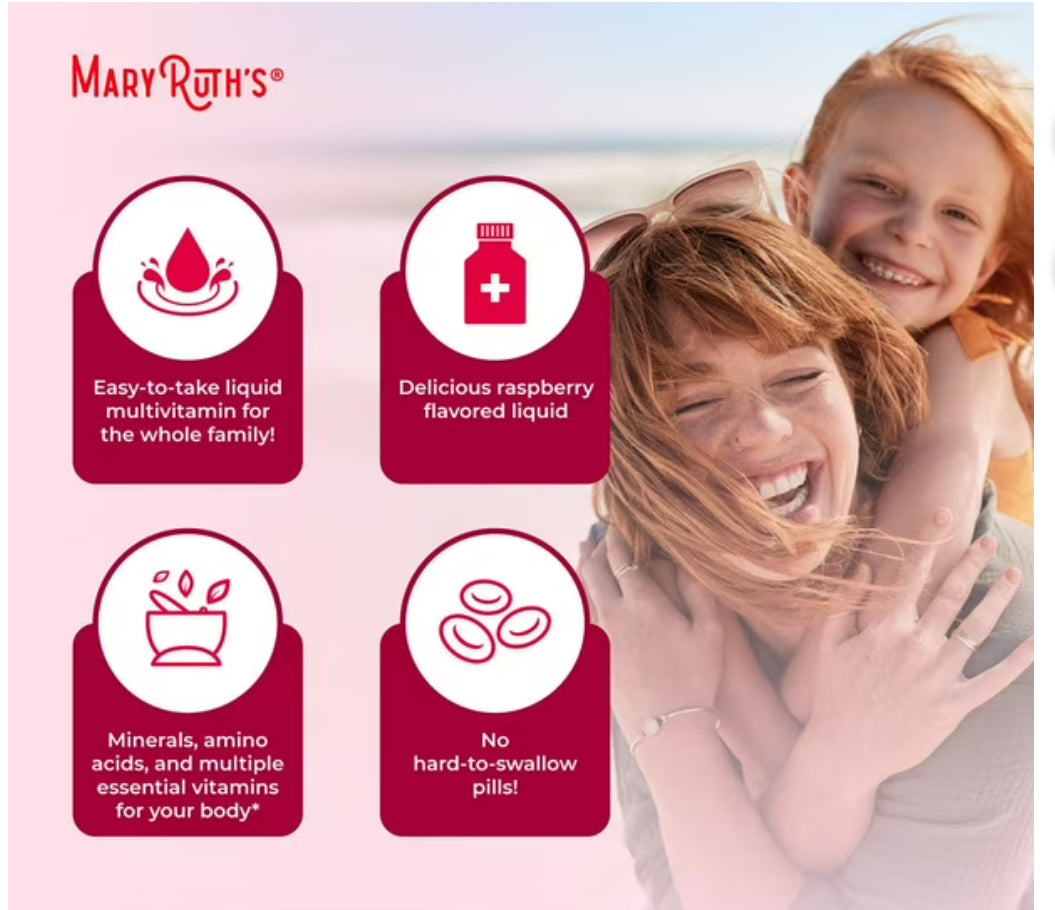 MaryRuth Organics Liquid Morning Multivitamin for For the Whole Family (Including Kids Aged 1 Year & Above) | Vitamins A, C, D, E, B6, B12, Biotin, Zinc | Natural Raspberry ~ 22oz/650ml; Exp 04/2027