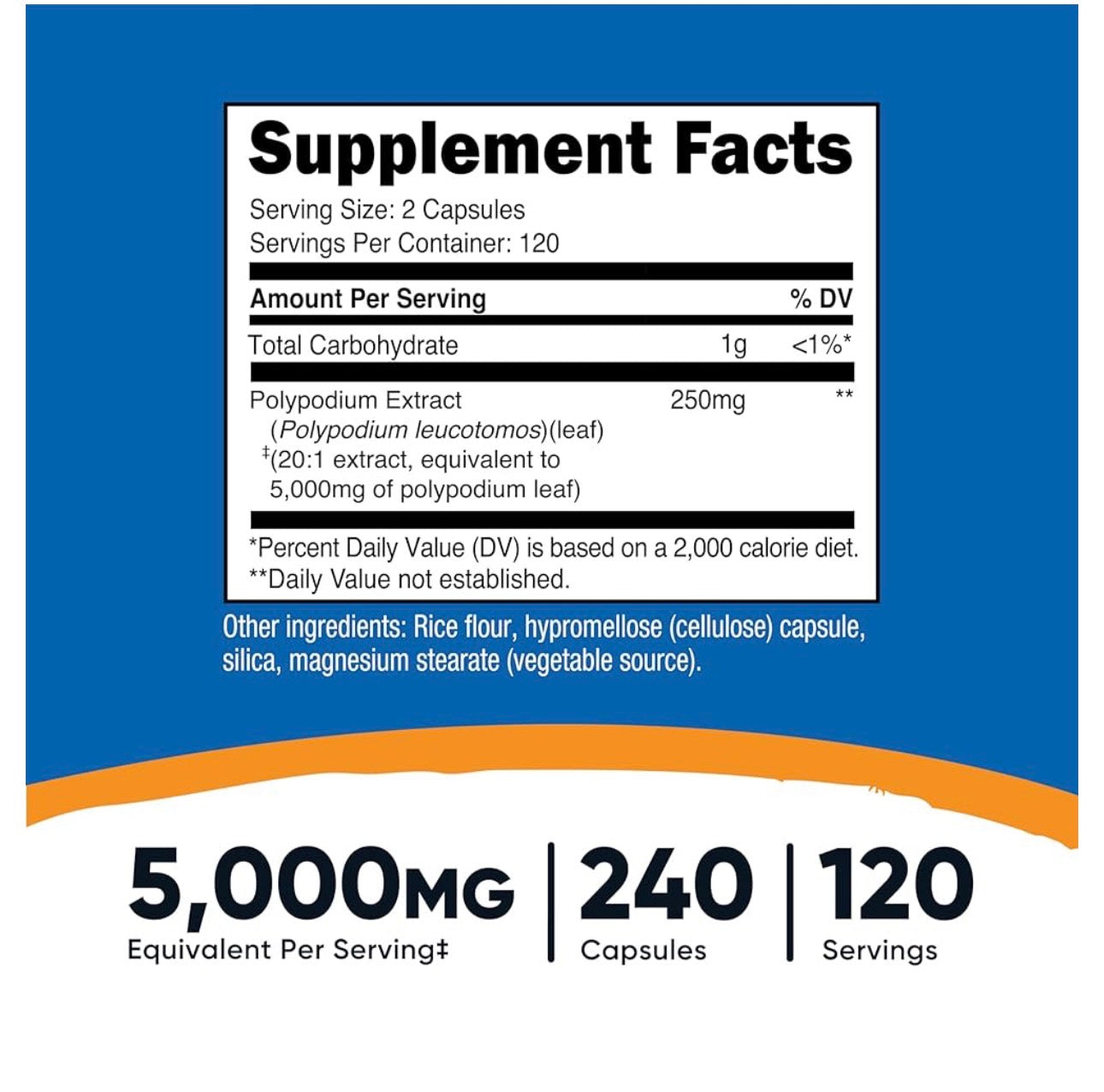 Nutricost Polypodium Leucotomos Extract 5000mg | Helps Reduce Skin Damage from UV exposure, Hyperpigmentation & Uneven Skin Tone | Antioxidant/Anti-inflammatory  | 240 Capsules; Exp 11/2028