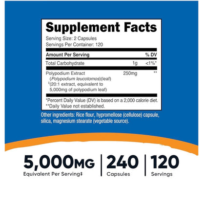 Nutricost Polypodium Leucotomos Extract 5000mg | Helps Reduce Skin Damage from UV exposure, Hyperpigmentation & Uneven Skin Tone | Antioxidant/Anti-inflammatory  | 240 Capsules; Exp 11/2028