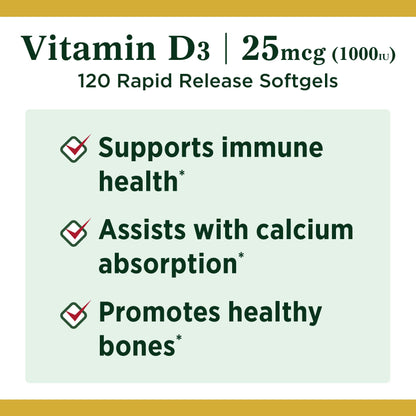 Nature's Bounty Vitamin D3 25mcg (1000iu) | Immune Support, Helps Maintain Healthy Bones & Hormones | 120 Rapid Release Softgels; Exp 05/2028