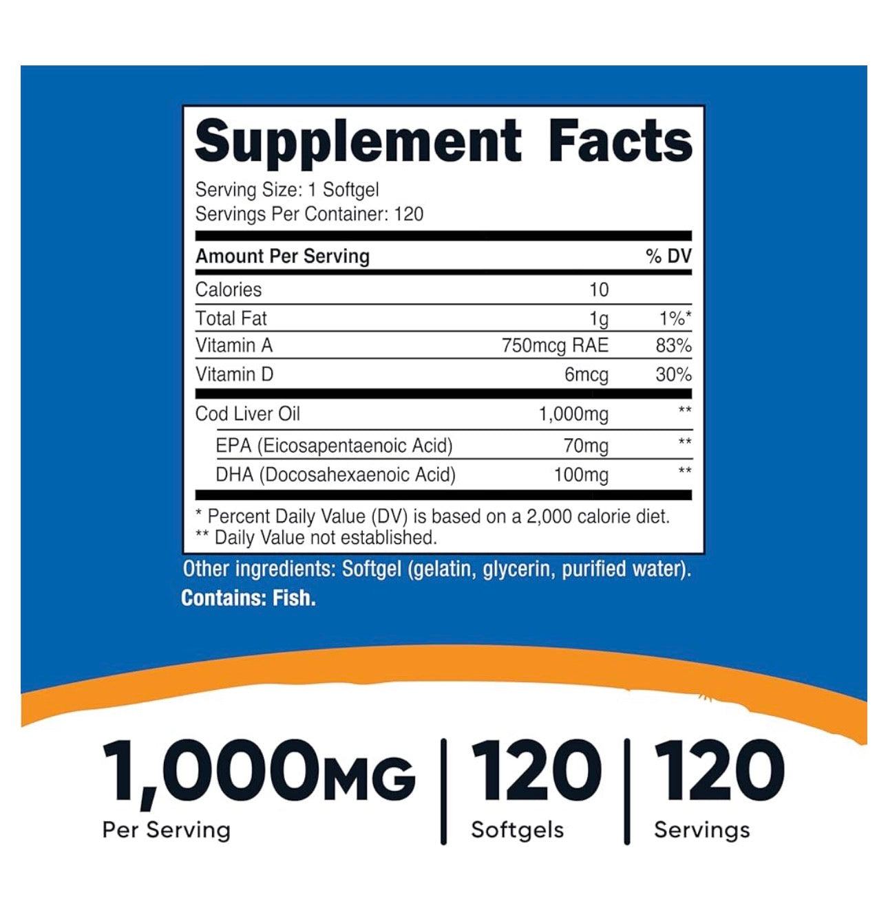 Nutricost Cod Liver Oil | Promotes Bone, Skin Health, Vision Support & Immune System Function w/High Absorption Vitamin A | 120 Softgels; Exp 07/2028