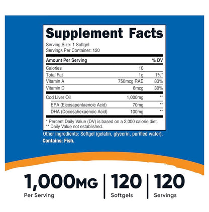 Nutricost Cod Liver Oil | Promotes Bone, Skin Health, Vision Support & Immune System Function w/High Absorption Vitamin A | 120 Softgels; Exp 07/2028