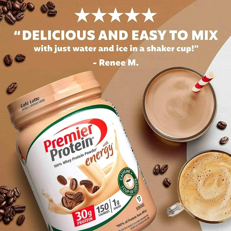 Premier Protein 100% Whey Protein Powder with Energy | 30g Protein | 150 Calories | Cafe Latte Flavor; 23.9oz (680g); Exp 09/2025