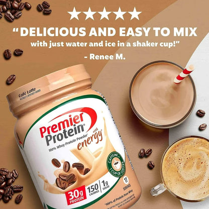 Premier Protein 100% Whey Protein Powder with Energy | 30g Protein | 150 Calories | Cafe Latte Flavor; 23.9oz (680g); Exp 09/2025