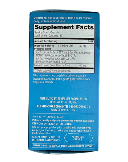 RenewLife Mood Probiotic 50 Billion CFUs | plus Prebiotic | Promotes Calmness & Digestive Balance | 30 Vegetarian Capsules Exp 07/2026