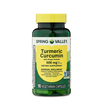 Spring Valley Turmeric Curcumin 500mg with Ginger | Anti-inflammatory | Promotes General Wellness | Supports Cardiovascular, Immune, Joint & Skin Health | 90 Capsules; Exp 06/2028