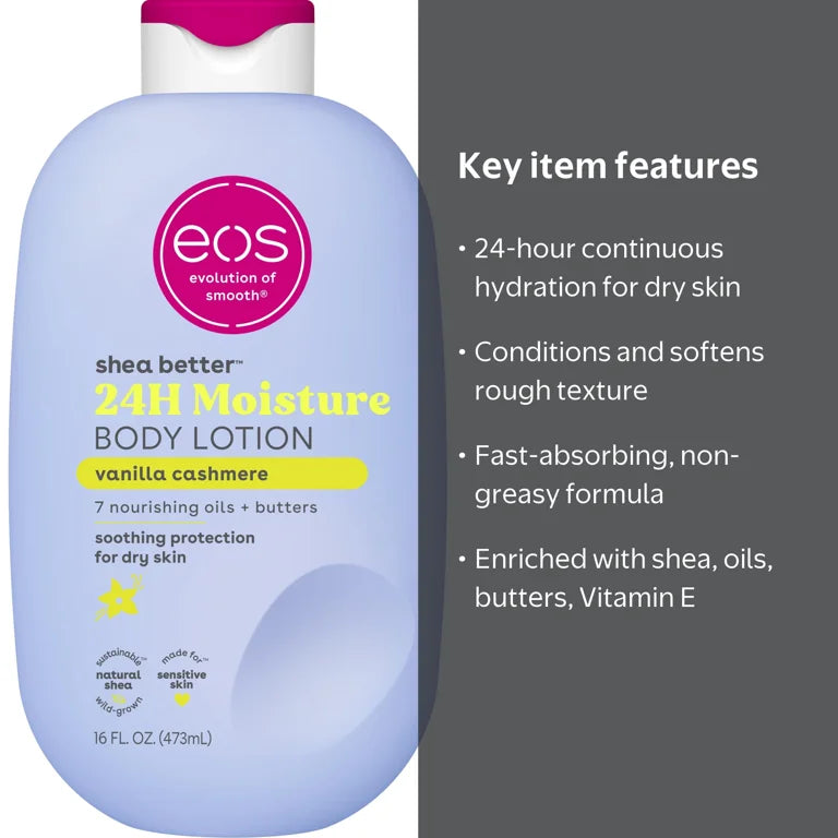 EOS Shea Better 24HR Moisture Vanilla Cashmere Body Lotion | Moisturizing 𝐋𝐨𝐭𝐢𝐨𝐧 | 16 fl.oz (473 ml)