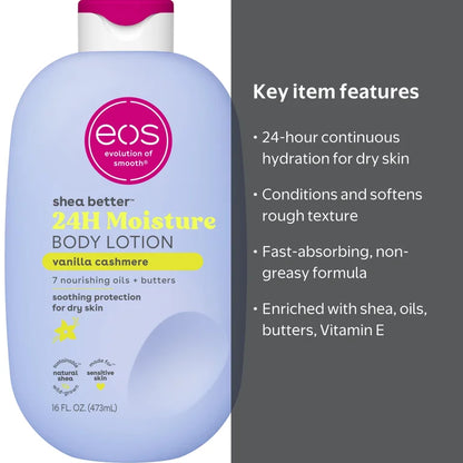 EOS Shea Better 24HR Moisture Vanilla Cashmere Body Lotion | Moisturizing 𝐋𝐨𝐭𝐢𝐨𝐧 | 16 fl.oz (473 ml)