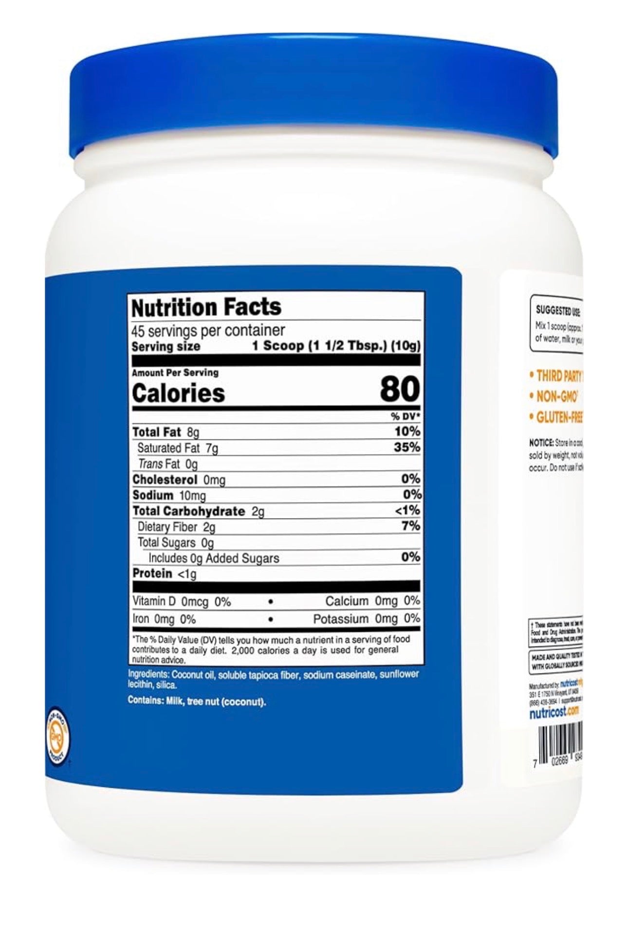 Nutricost Coconut Oil Powder 10,000mg | Supports Cardiovascular Health, Blood Sugar Metabolism, Cognitive Function & Healthy Brain Development | 45 Servings | 1 Lb/454g; Exp 10/2027