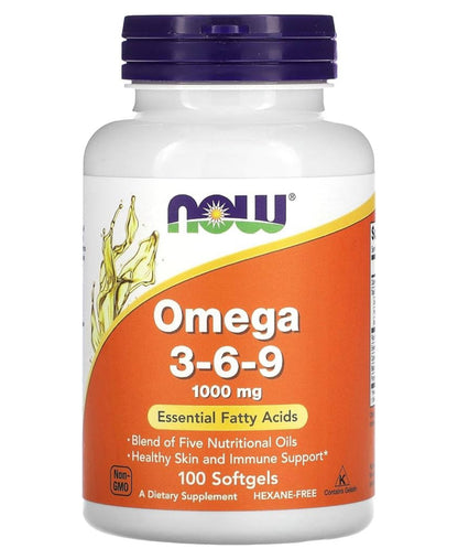 Now Omega 3-6-9 1000mg | Blend of Flax Seed‚ Evening Primrose‚ Canola‚ Black Currant & Pumpkin Seed Oils | For Healthy Skin & Immune Support | 100 Softgels; Exp 07/2027