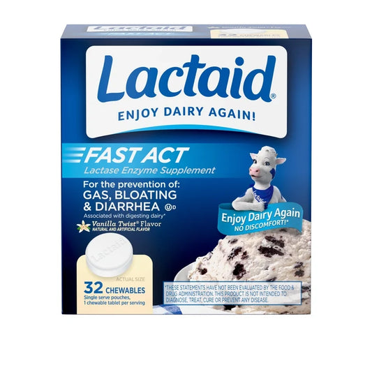 Lactaid Fast Act Lactase Enzymes | For The Prevention of Gas, Bloating, & Diarrhea Associated with Digesting Dairy | Vanilla Twist Flavor ~ 32 Chewable Tablets; Exp 11/2028