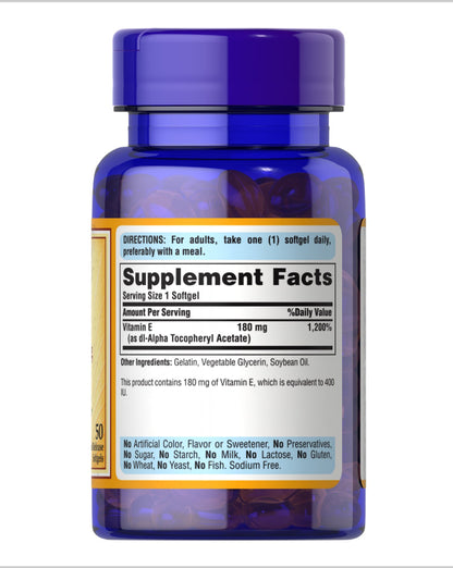 Puritan’s Pride Vitamin E 180mg (400 IU) | Antioxidant | Supports Healthy Immune & Vascular System | Contributes to Healthy Skin | 50 Rapid Release Softgels; Exp 02/2028
