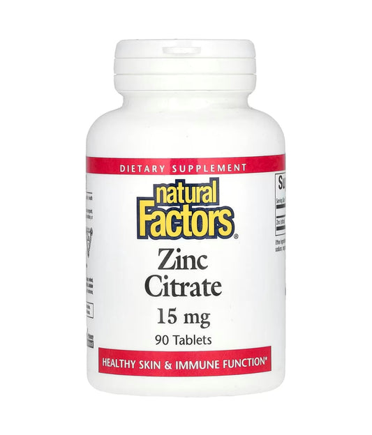 Natural Factors Zinc Citrate 15 mg | Support for Hormone and Prostate Health, Healthy Skin & Immune Function | Well Tolerated and Absorbed | 90 Tablets; Exp 02/2027