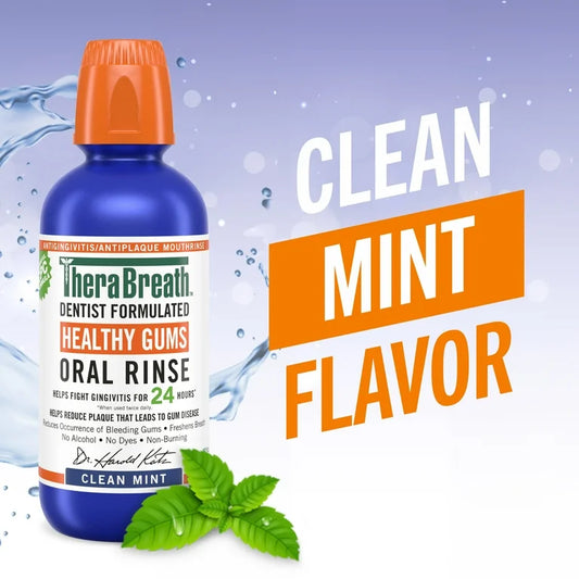 TheraBreath Healthy Gums Antigingivitis Oral Rinse Mouth Wash | Protects from Plaque & Tartar | Alcohol-Free | Clean Mint, 33.8 fl.oz/1 Litre; Exp 10/2026