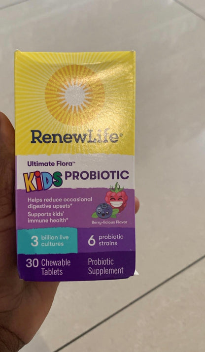 RenewLife Ultimate Flora Kids Probiotic | 3 Billion Live Cultures; 6 Strains | Supports Kids' Immune Health | Helps Reduce Occasional Digestive Upsets | Berry-licious Flavor~ 30 Chewable Tablets; Exp 07/2026 ❗️Rough paper 👉🏽Check last picture