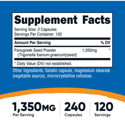 Nutricost Fenugreek | 1350mg Per Serving | Traditional Lactation/Breastfeeding Support | 240 Capsules; Exp 02/2028