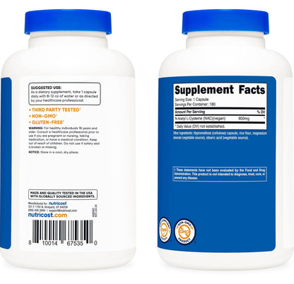 Nutricost NAC N-Acetyl L-Cysteine 600mg | Supports Immune System and Liver Health | Fights Free Radicals | 180 Capsules, Exp 01/2028