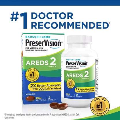 PreserVision AREDS 2 (By Bausch + Lomb) | Eye Vitamin & Mineral Supplement | 45 Day Supply | Contains Lutein, Vitamin C, Zeaxanthin, Copper, Zinc & Vitamin E | 90 Mini Softgels; Exp 09/2025