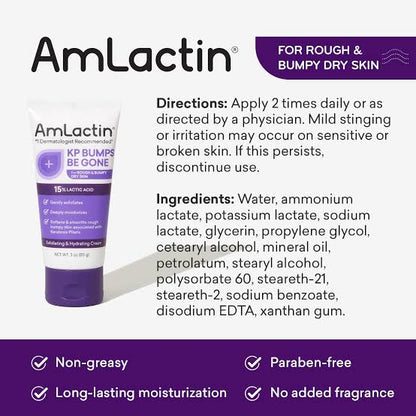 AmLactin KP Bumps Be Gone | Keratosis Pilaris Moisturizing Cream with 15% Lactic Acid | Exfoliator and Moisturizer for Dry, Rough and Bumpy Skin | 3oz/85g