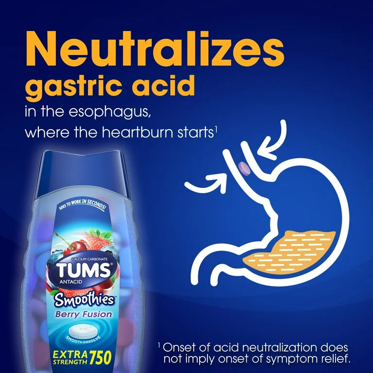 Tums Smoothies Extra Strength Heartburn Relief Antacid | Smooth Dissolve | Berry Fusion ~ 60 Chewable Tablets; 03/2027