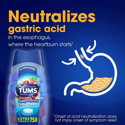 Tums Smoothies Extra Strength Heartburn Relief Antacid | Smooth Dissolve | Berry Fusion ~ 60 Chewable Tablets; 03/2027