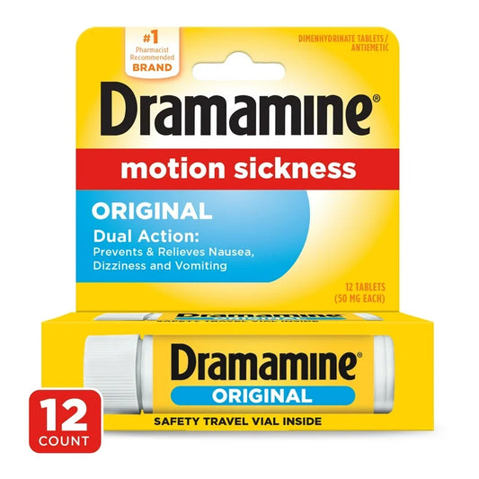 Dramamine Original, Motion Sickness Relief | Dual Action | Prevents & Relieves Nausea, Dizziness and Vomiting | Travel Vial, 12 Tablets; Exp 06/2027