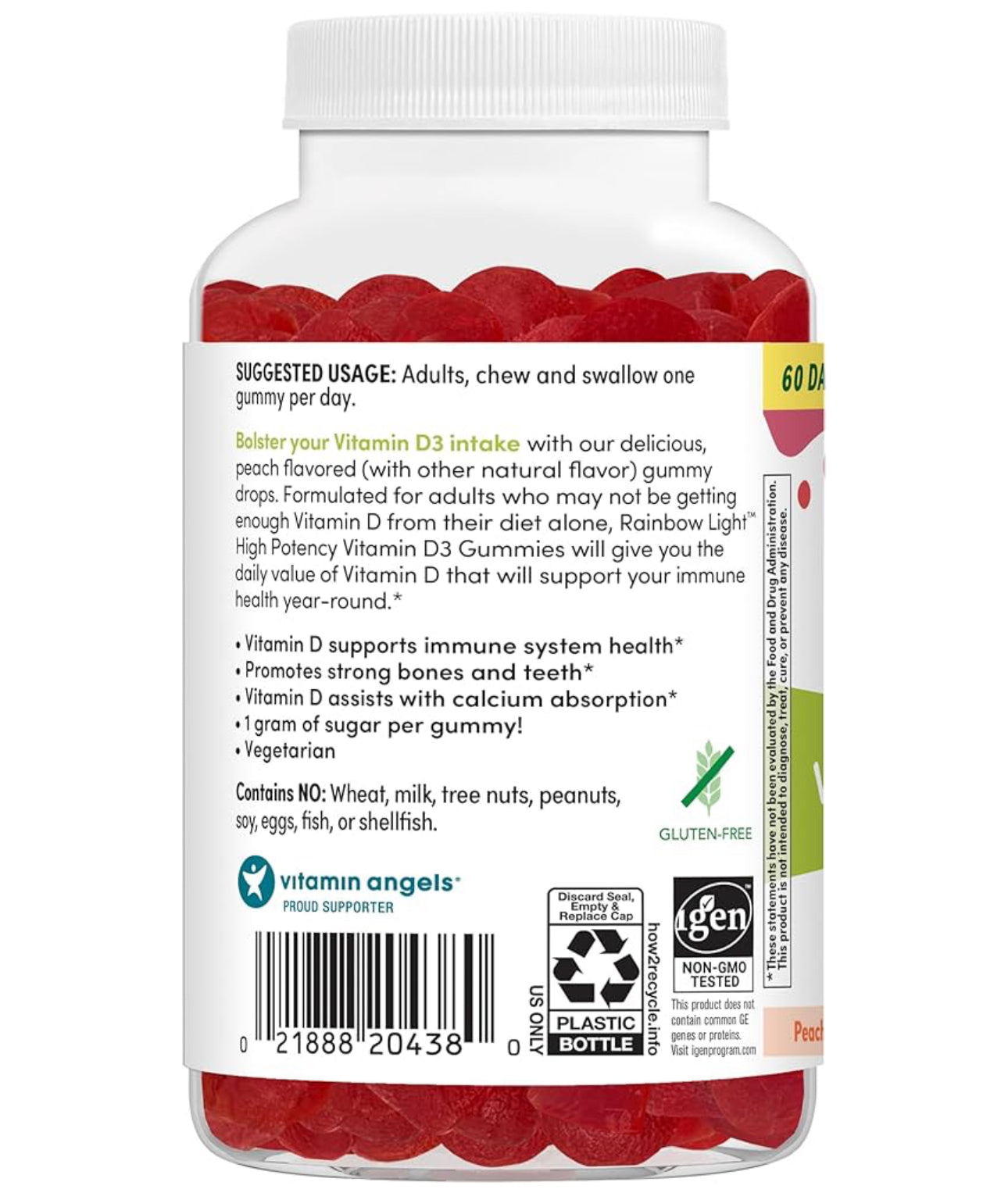 Rainbow Light Vitamin D3 Gummies | High Potency Vitamin D3 2,000IU | Immune Health Support | Helps Support Strong Bones & Teeth | Peach, 60 Gummies Exp 04/2025