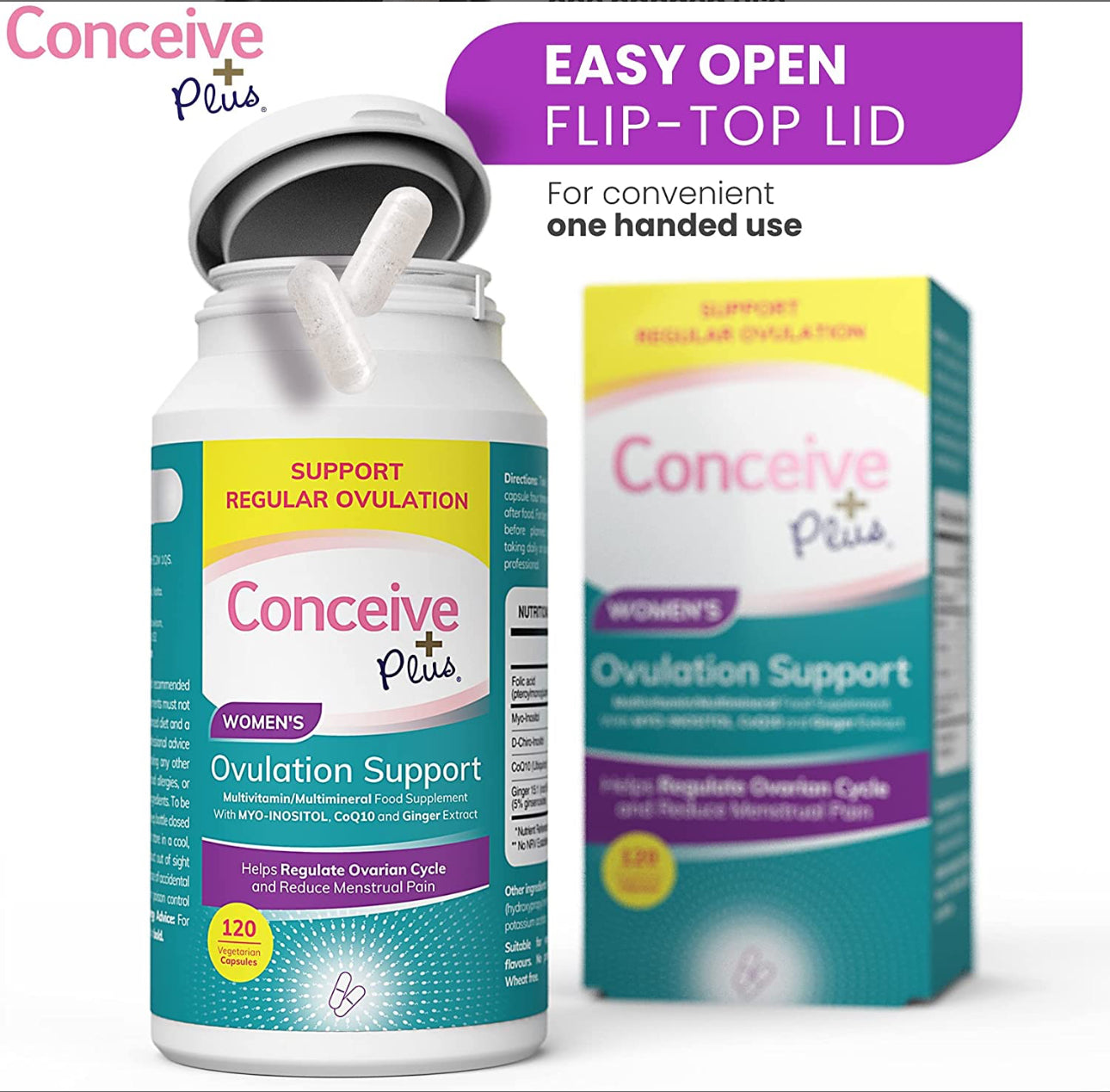 CONCEIVE PLUS Ovulation Support | With Myo-Inositol & D-Chiro, COQ10 (Ubiquinone), Folic Acid, Ginger | Supports Healthy Ovulation & Cycle Regulation | Improves Egg Quality | Hormone Balance Support for Women | 120 Capsules; Exp 10/2027