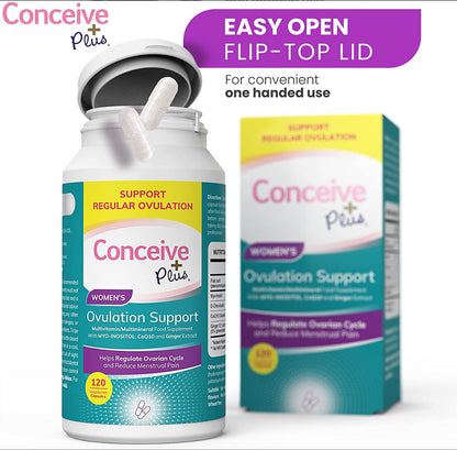 CONCEIVE PLUS Ovulation Support | With Myo-Inositol & D-Chiro, COQ10 (Ubiquinone), Folic Acid, Ginger | Supports Healthy Ovulation & Cycle Regulation | Improves Egg Quality | Hormone Balance Support for Women | 120 Capsules; Exp 10/2027