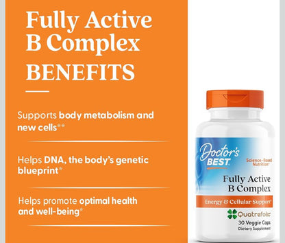 Doctor’s Best Fully Active B Complex |    With MTHF 400mcg, P-5-P 50mg, Methylcobalamin (B12) 1000mcg | Optimal Support for Energy Production, Cellular Health & Overall Well-Being | 30 Veggie Caps; Exp 05/2027 (New Look)