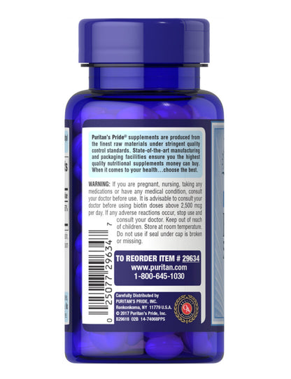 Puritan's Pride Biotin 5000 mcg | Promotes Healthy Hair, Skin & Nails | 60 Capsules; Exp 10/2027