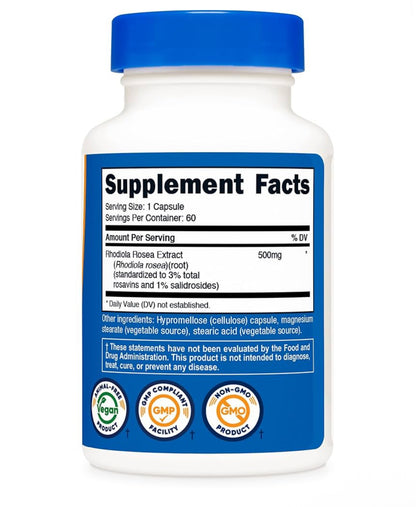 Nutricost Rhodiola Rosea 500mg | Promotes Healthy Energy Levels & Mood | Helps Mind & Body Adapt to Stress of Daily Life | Supports Healthy Brain Function | 60 Capsules; Exp 06/2028