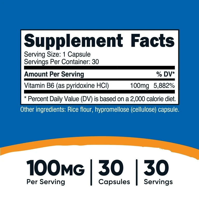 Nutricost Vitamin B6 100mg | Supports Energy Metabolism and Healthy Nervous System Function | 30 Capsules; Exp 02/2028