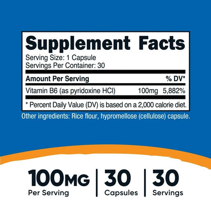 Nutricost Vitamin B6 100mg | Supports Energy Metabolism and Healthy Nervous System Function | 30 Capsules; Exp 02/2028