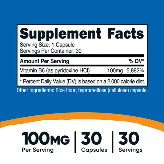 Nutricost Vitamin B6 100mg | Supports Energy Metabolism and Healthy Nervous System Function | 30 Capsules; Exp 02/2028