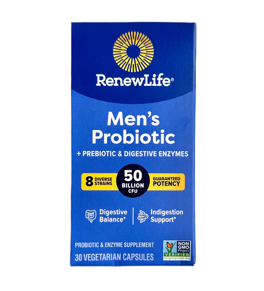 RenewLife Men's Care Probiotic 50 Billion CFU, 8 Diverse Strains | Plus Prebiotic & Digestive Enzymes | 30 Vegetarian Capsules 07/2026