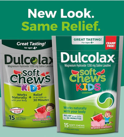 Dulcolax Kids Saline Laxative Soft Chews | Magnesium Hydroxide 1200 mg | Softens Stool | Gentle Constipation Relief for Kids Aged 4 Years & Above | Stimulant-Free Laxatives | Watermelon Flavor~15 Soft Chews; Exp 08/2026