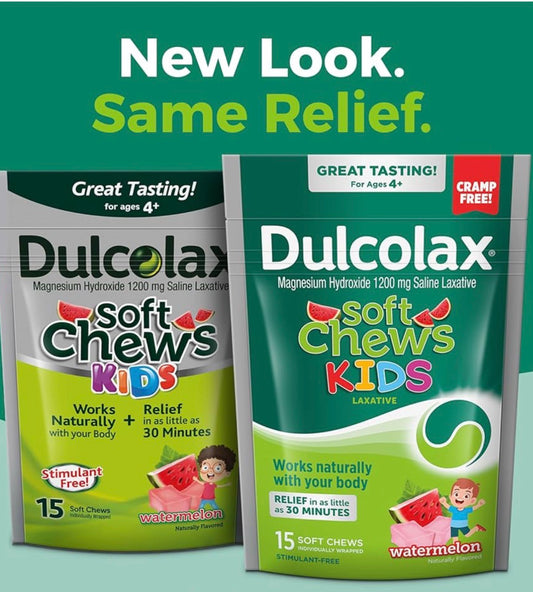 Dulcolax Kids Saline Laxative Soft Chews | Magnesium Hydroxide 1200 mg | Softens Stool | Gentle Constipation Relief for Kids Aged 4 Years & Above | Stimulant-Free Laxatives | Watermelon Flavor~15 Soft Chews; Exp 08/2026