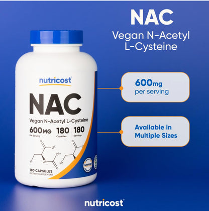 Nutricost NAC N-Acetyl L-Cysteine 600mg | Supports Immune System and Liver Health | Fights Free Radicals | 180 Capsules, Exp 01/2028