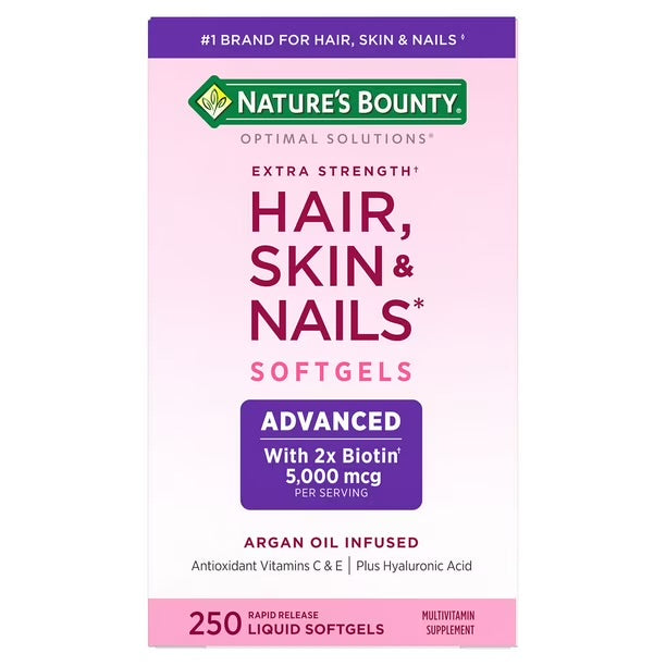 Nature's Bounty Advanced Hair, Skin and Nail Biotin & Vitamins A, C, & E, Women's Multivitamin | 83 Servings | with 5000mcg Biotin | 250 Softgels; Exp 05/2027