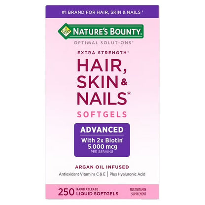 Nature's Bounty Advanced Hair, Skin and Nail Biotin & Vitamins A, C, & E, Women's Multivitamin | 83 Servings | with 5000mcg Biotin | 250 Softgels; Exp 05/2027