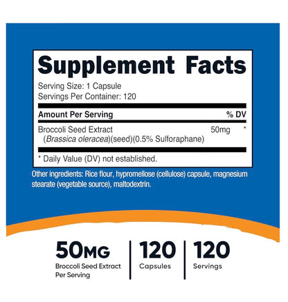 Nutricost Sulforaphane Glucosinolate 50mg (SGS) | Broccoli seed extract | Broccoli Sprout | Anti-Inflammatory, Antioxidant, Supports Your Body’s Natural Detoxification Processes | 120 Capsules; Exp 10/2028
