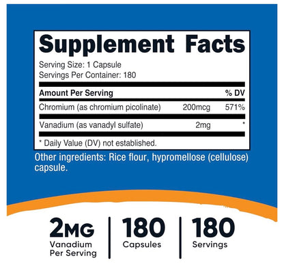 Nutricost Vanadium + Chromium ~ Vanadyl Sulfate 2mg with Chromium Picolinate 200mcg | Supports Blood Sugar Control & Enhances Insulin Sensitivity | 180 Capsules; Exp 01/2029